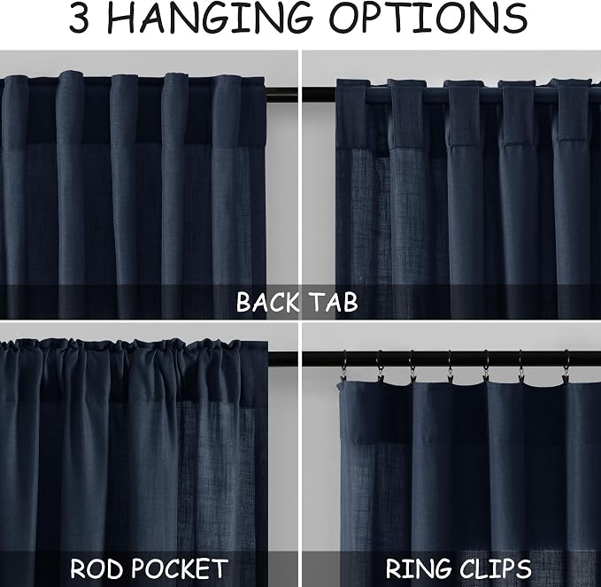 Nanspring Navy Blue Linen Curtains 63 Inches Length 2 Panels Set for Living Room Back Tab Pocket Light Filtering Semi Sheer Drapes Cotton Linen Textured Indigo Blue Window Curtain 52X63 Inches