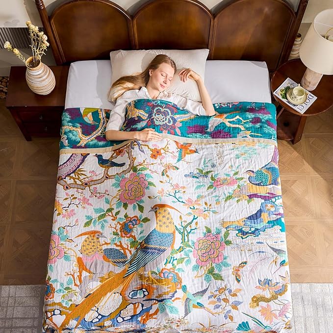 XIBLC Fall Throw Blanket for Couch, Yellow Boho Decorative Throw Blanket, 100% Cotton Muslin Breathable Woven Farmhouse Blankets Quilt, 80"x90" Reversible Lightweight Blankets Bohemian Throw Quilt