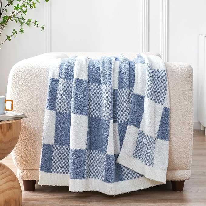 Snuggle Sac Checkered Blanket, Blue Throw Blanket for Couch Plaid Microfiber Fluffy Warm Fuzzy Cozy Soft Throw Blanket Reversible Checkered Blankets for Sofa, Chair, Bed, 50x60 inches