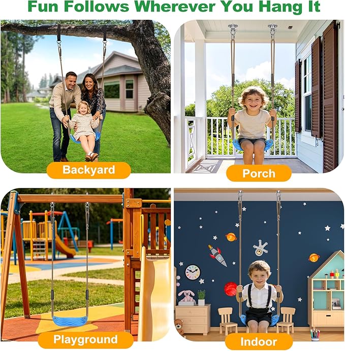 SELEWARE Plastic Swing Seat, Non-Slip Tree Swing for Kids & Adults, Heavy Duty Playground Swing Set Accessories with Adjustable Ropes, Comfortable U-Shape Swing for Indoor/Outdoor Backyard, Blue