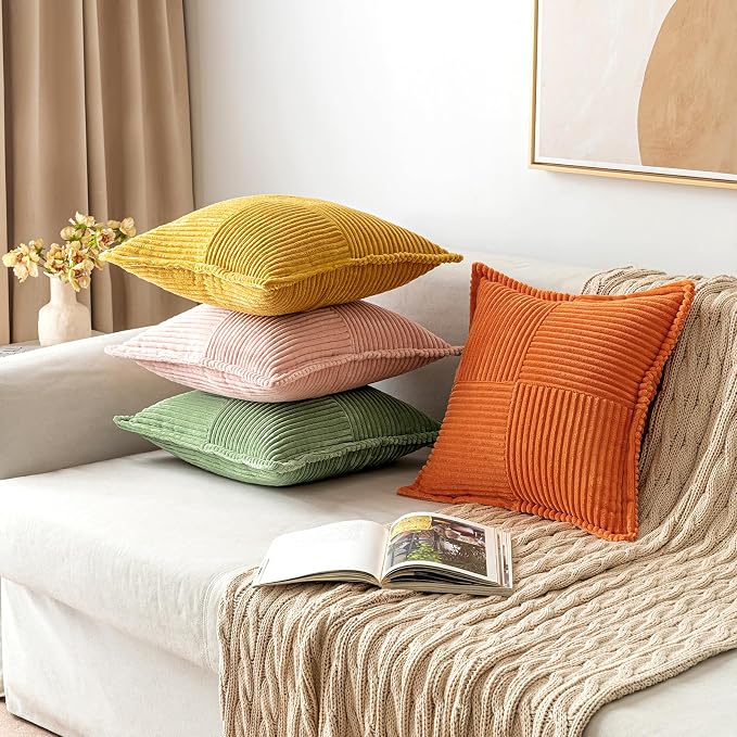 MIULEE Fall Orange Decorative Throw Pillow Covers for Couch 18x18 Inch | 2 Pack, Boho Broadside Striped Patchwork Pillow Covers, Soft Corduroy Cushion Cases, For Sofa Bed Livingroom Home Decor