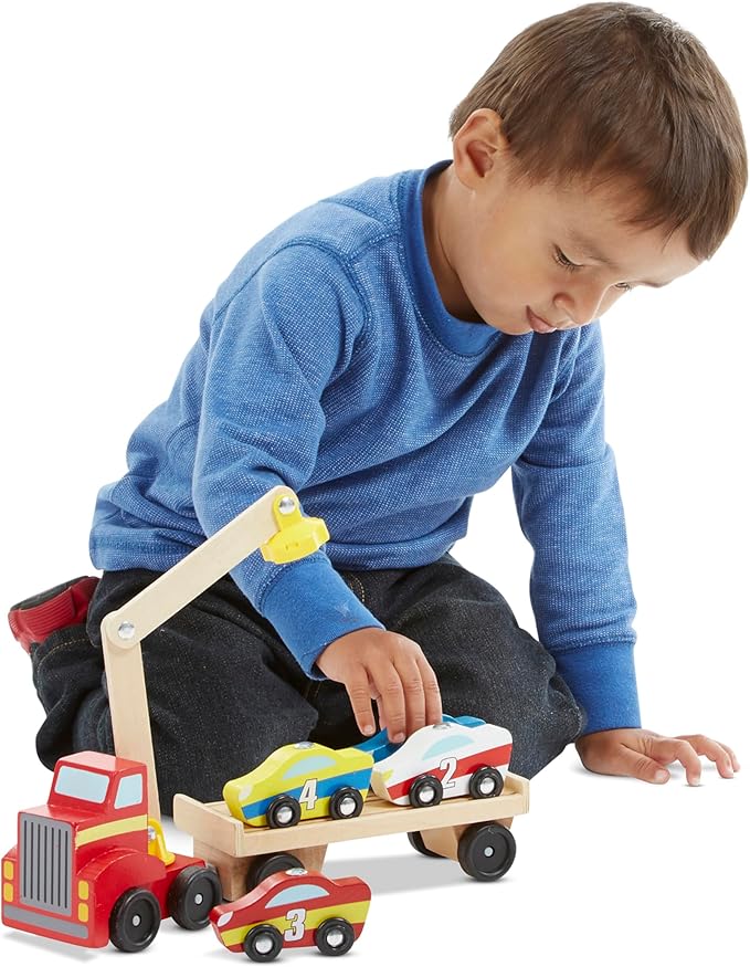 Melissa & Doug Magnetic Car Loader Wooden Toy Set with 4 Cars and Toy Truck - Pretend Play and Race Car Fun for Preschool Toys, Ages 3+