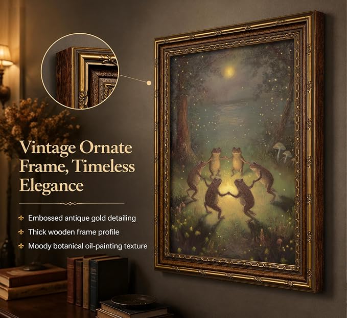 Vintage Gold Framed Frog Wall Art,Frogs Dancing in Moonlight Forest Painting Canvas Prints,Whimsical Animal Wall Decor,Retro Country Toad Poster Artwork for Corridor Living room Bedroom Kitchen