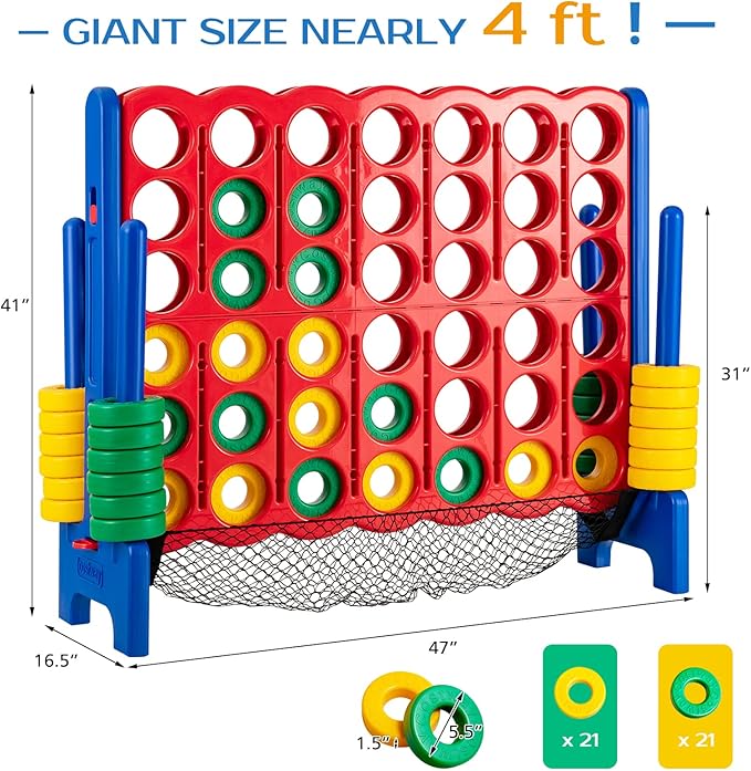 COSTWAY Giant 4 to Score Game Set, Jumbo Game Set with 42 Chess Pieces, Quick-Release Levers & Mesh Pocket, 4-in-a-Row Backyard Game for Kids & Adults, Ideal for Indoors & Outdoors