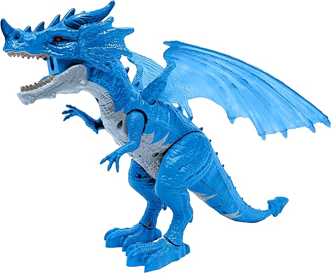 Geospace New Dragon Walking Dinosaur Toy – Smoke Breathing Fire Dragon Toy for Kids 3 & up, Walking Dinosaur Toys with Lights, Roaring Sound, Dragons Action Figure, Dragons for Gift (Icestorm)