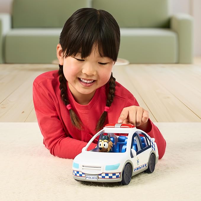 Bluey Police Car, Vehicle from The Special Episode The Sign. Includes Police Car with Flashing Lights & Sounds, Policeman Figure, and Themed Sticker Set. Batteries Included.