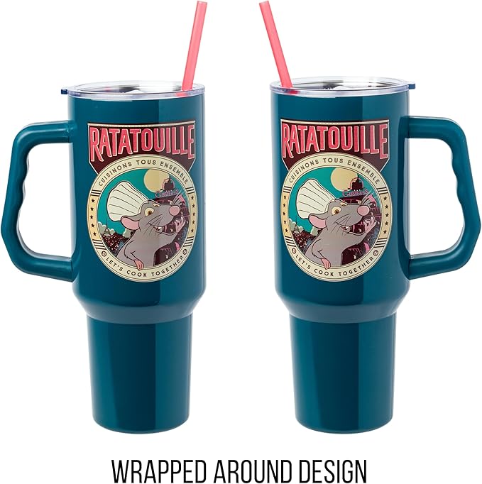 Silver Buffalo Disney Pixar Ratatouille Remy "Let's Cook Together" Double Walled Stainless Steel Tumbler with Handle and Straw, Fits in Standard Cup Holder, 40 Ounces