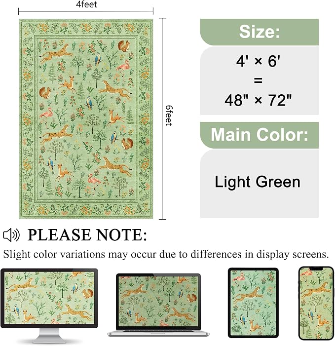 DUKINO 4x6 Area Rug, Non Slip Animal Washable Living Room Rug, Light Green | Soft, Low Pile, Stain Resistant Indoor Carpet for Bedroom, Dining Room, Nursery, Farmhouse, Pet Friendly, Non-Shedding