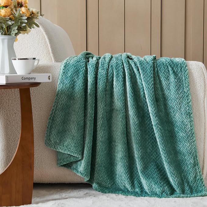 NEWCOSPLAY Fleece Leaves Pattern Twin Blanket, Light Teal, 60"x80" | Super Soft Throw Blanket, Lightweight Cozy Bed Sofa Blanket, Premium Silky Flannel Fleece, Travel Blanket for All Season Use