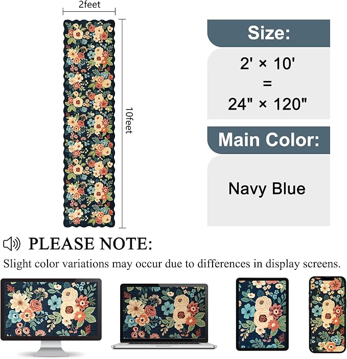 DUKINO 2x10 Runner Rug for Hallway, Washable Kitchen Rugs, Navy Blue | Non Slip, Low Pile, Soft Floral Throw Carpet Runner for Entryway, Bedroom, Bathroom, Laundry, Pet Friendly, Modern Home Decor