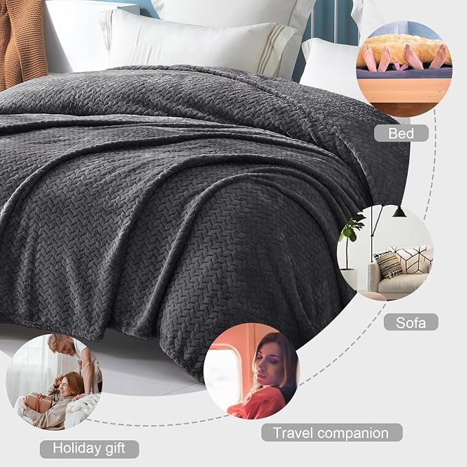 Exclusivo Mezcla Soft Fleece Bed Blanket Queen Size, 90”x90”, Dark Grey | Cozy Fluffy Lightweight Blankets for Summer, Decorative Plush Flannel Throws for Living room, Bedroom with Leaves Pattern