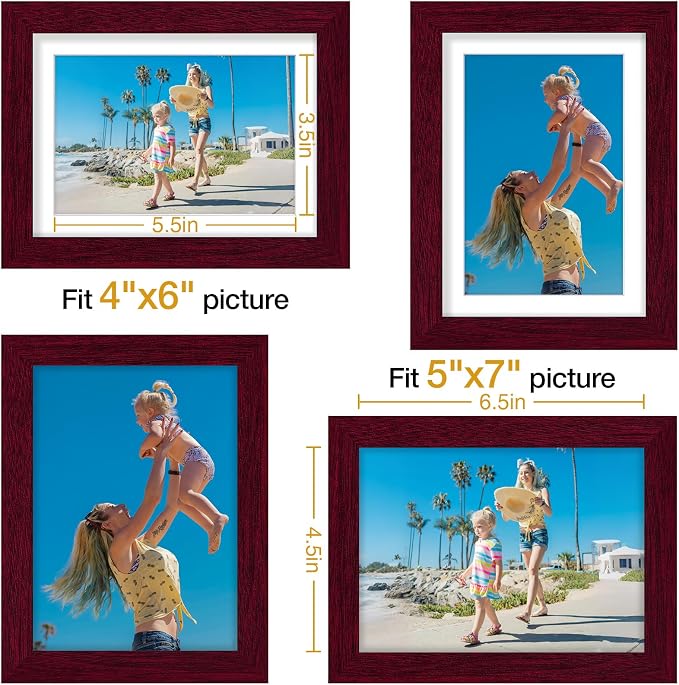 Vittanly 5x7 Picture Frames Set of 9 for Wall Mount & Tabletop, Cherry Red | Display Pictures 4x6 with Mat or 5x7 without Mat, Small Photo Frames, Engineered Wood with Shatter Resistant Plexiglass