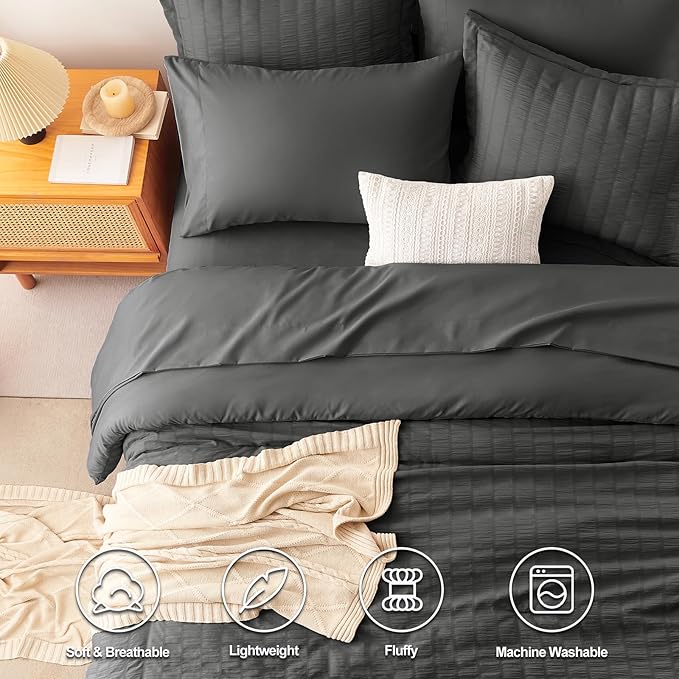 CozyLux Full Size Comforter Sets with Sheets 7 Pieces, Dark Grey Seersucker Bed in a Bag Textured Luxury Soft Dark Gray Bedding Set Down Alternative Comforter, Sheets, Pillowcases & Shams All Seasons