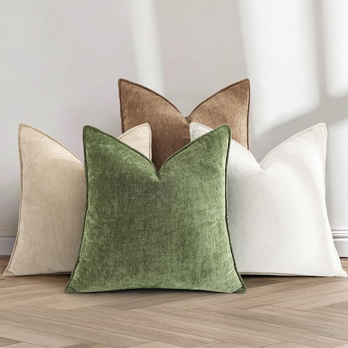 decorUhome Chenille Olive Green Velvet Throw Pillow Covers 24x24 Set of 2 | Fall Soft Euro Sham Couch Decorative Modern Farmhouse Pillow Cases with Elegant Design for Sofa Bed Living Room Home Decor