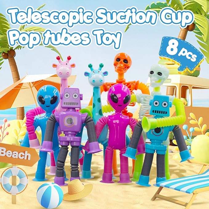 Pop Tubes Skeleton Fidget Toys for Kids, 8Pack Robot Fidget Pop Toys Telescopic Suction Cup Toy for Stress and Anxiety Relief, Stocking Stuffers Gift for Kids and Toddlers (8 Pack Multi-Items)