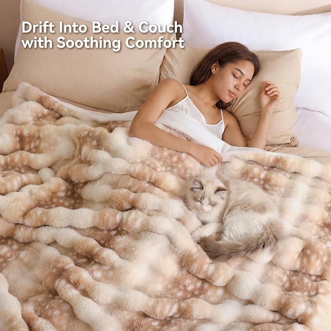 Faux Rabbit Fur Throw for Couch - Deer Brown Bubble Blanket 60"x80" | Fluffy Plush Fuzzy Fawn Throw for Sofa & Bed, Super Soft Cozy Comfrt Blanket,Luxury Aesthetic Deer Print Decor Gift for Women