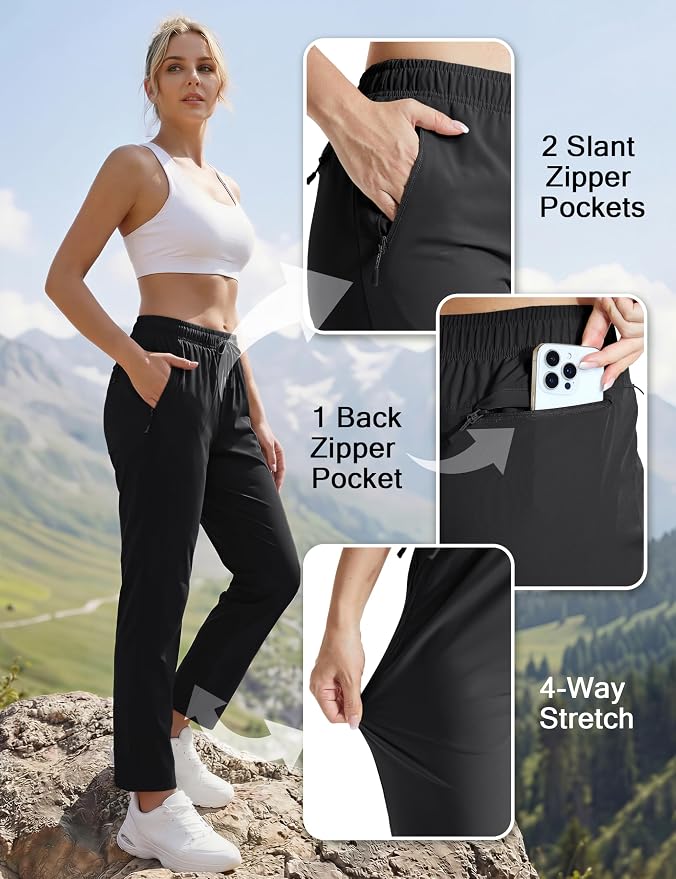 MAGCOMSEN Women's Hiking Pants Lightweight Quick Dry UPF 50 Water Resistant Elastic Waist Golf Travel Pants Zip Pockets