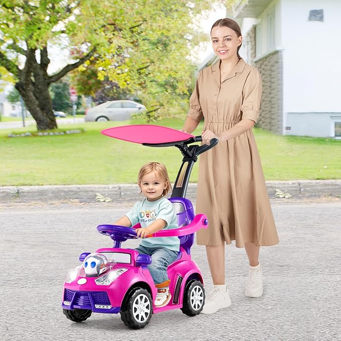 Costzon Push Car for Toddlers, 3 in 1 Stroller Sliding Walking Car with Handle, Canopy, Seat Belt, Horn, Music & Lights, Under-Seat Storage, Guardrail, Foot-to-Floor Ride On Toy for Boys Girls (Pink)