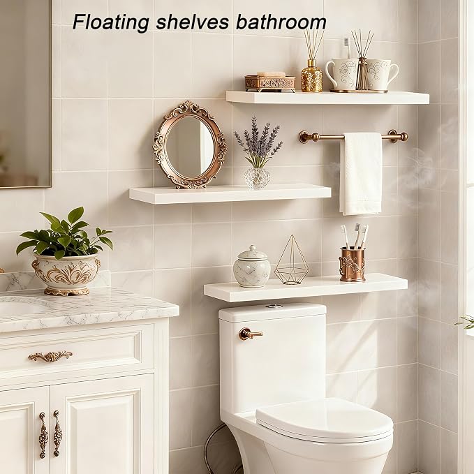 ROGMARS 24 Inch White Paulownia Wood Floating Shelves Set of 3 | Hidden Bracket Space Saving Wall Shelves for Small Apartment | Wall Mounted Storage Shelves for Living Room Kitchen Bedroom