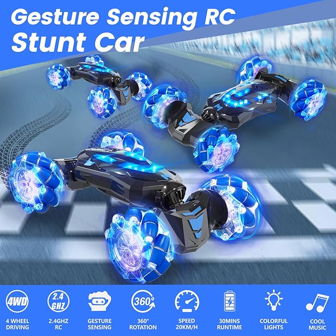 YEMIAI Gesture Sensing RC Stunt Car,4WD Drift Hand Controlled 360° Flips Trick Car with Lights & Music, Toys car is Cool Birthday Gift for Kids Ages 7-12