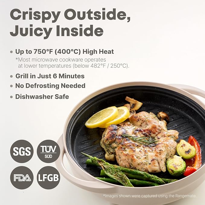 Rangemate Signature Microwave Searing Grill Pan, 750°F (400°C) Searing Crisper with Lid, Quick Meals Multi-Cooker for RV and Dorm, 100% Dishwasher Safe, Coastal Blue