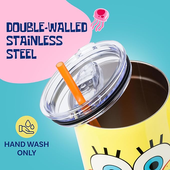 Silver Buffalo SpongeBob SquarePants Double Walled Stainless Steel Tumbler with Handle, Fits in Standard Cup Holder, 40 Ounces