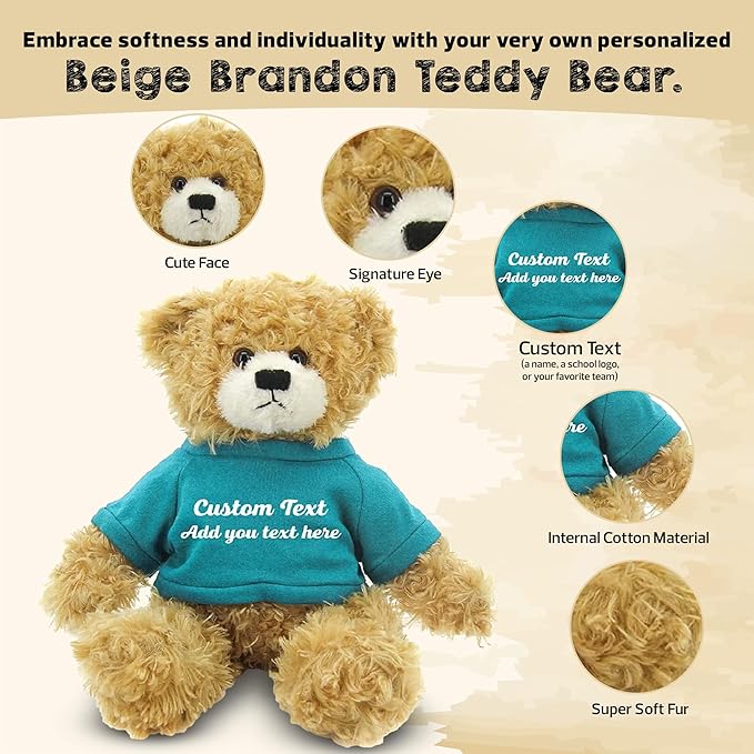 Customized Beige Brandon Bear - 12 inch Personalized Stuffed Bear Plush Toy - Perfect Custom Shirt Bear Gift for Graduation Valentines Graduation Easter Holidays (Teal Shirt)