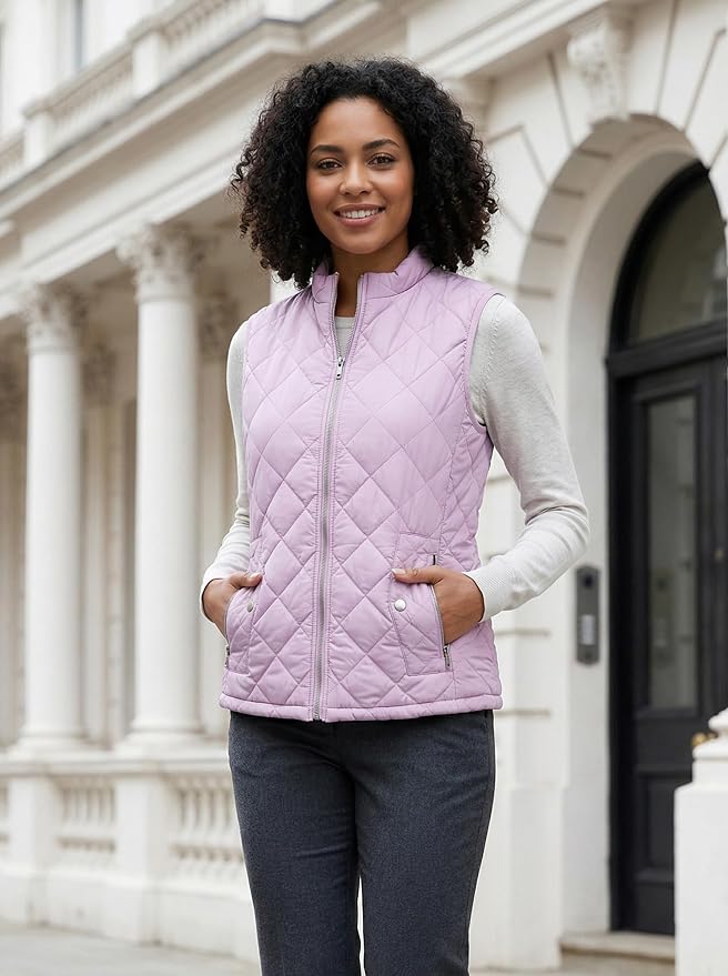 Fuinloth Women's Quilted Vest Lightweight Puffer Stand Collar Zip Gilet | 4 pockets with 2 inner storage. Quilted padded warm gilet. Fall winter outerwear layering vest for travel hiking daily wear.