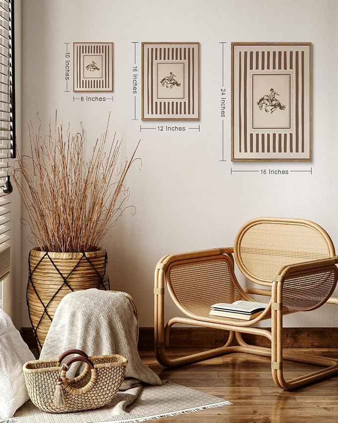 ZZLWBKGL Western Wall Decor Cowboy Canvas Art Vintage Framed Wall Art | Farmhouse Striped Painting Retro Nursery Artwork Mid Century Aesthetic for Living Room Bedroom 8x10in