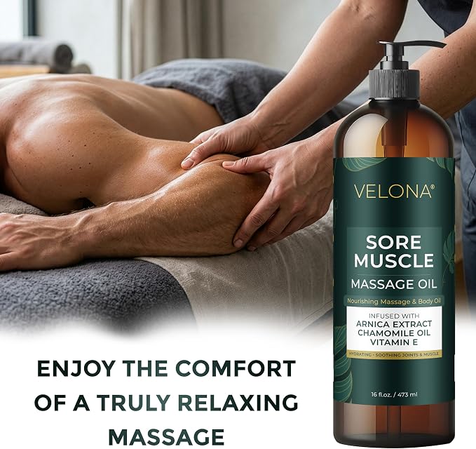 velona Sore Muscle Massage Oil – 16 Fl Oz | Arnica & Chamomile | Muscle & Joints Massage Therapy | Moisturizing, Refreshing & Relaxing Body Oil | Professional Spa & Home Massage