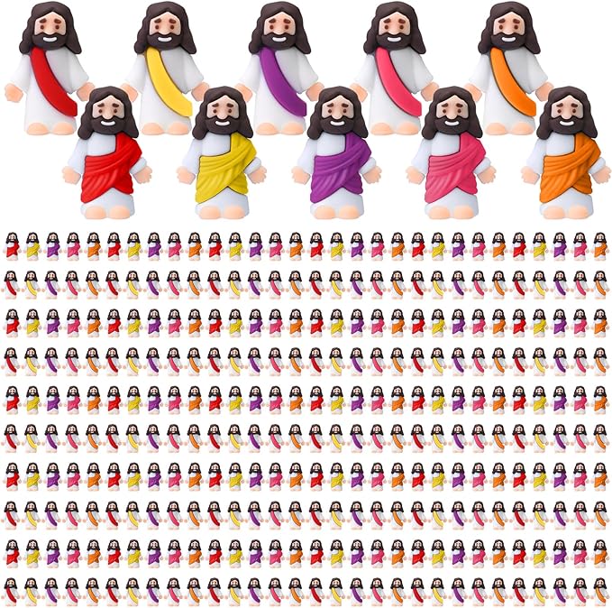 Bememo 300 Pcs Little Jesus Figures Bulk Original Design Mini Pocket Jesus Toys Rubber Figurine to Hide and Seek Religious Party Favors Sunday School Craft Baptism Gifts(Bright Colors)