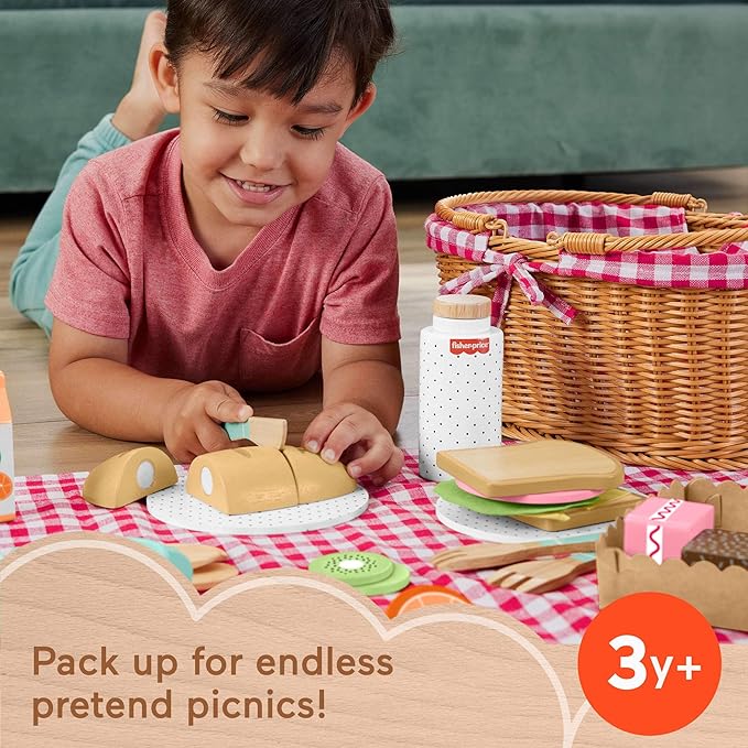 Fisher-Price Wood Pretend Play Toy Picnic Basket, 31-Piece Wooden Food Playset for Preschool Kids Ages 3+ Years