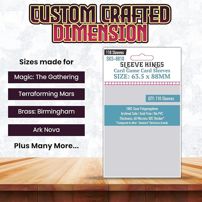 Sleeve Kings Standard Card Sleeves – 110 Count, Clear 60 Micron Thickness, Medium MTG Size (63.5 x 88 mm), Compatible with Magic: The Gathering & More – SKU: SKS-8810