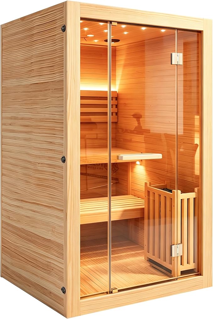 Steam Sauna, 2-4 Person Traditional Indoor Sauna with 3KW/240V Stove Heater | Chilean Pine Wood Sauna Room with Wooden Barrel and Spoon, Sauna Stone, Hygrometer, Cup Holder, LED Lighting, Speaker