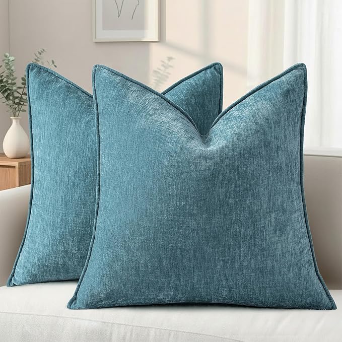decorUhome Chenille Teal Velvet Throw Pillow Covers 16x16 Set of 2 | Fall Soft Couch Decorative Modern Farmhouse Pillow Cases with Elegant Design for Sofa Bed Living Room Home Decor