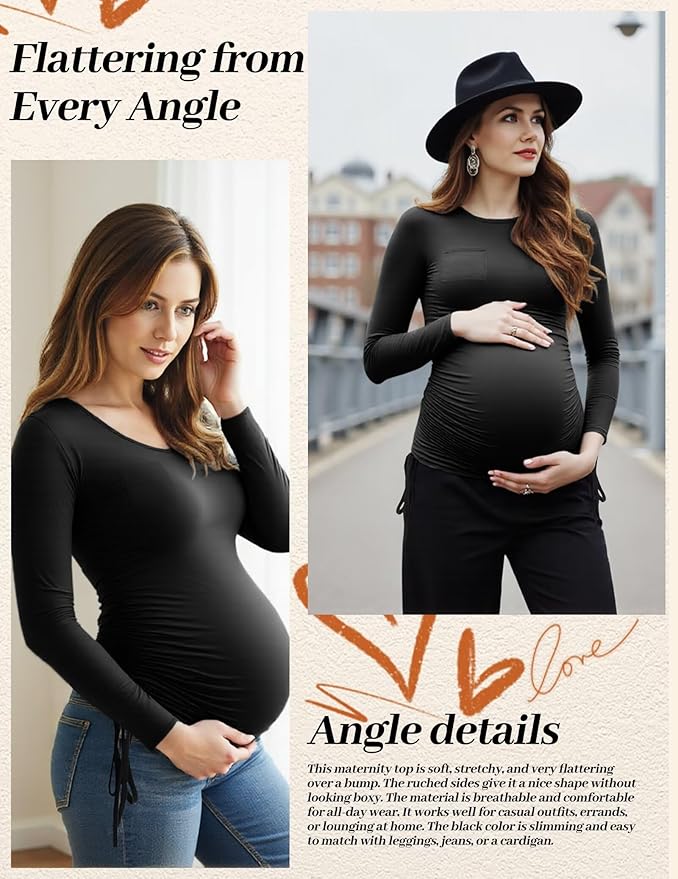Fotociti Maternity Shirts Long Sleeve, Pregnancy Side Ruched Tops,Women’s Clothes for Mama Work Casual Yoga Wearing