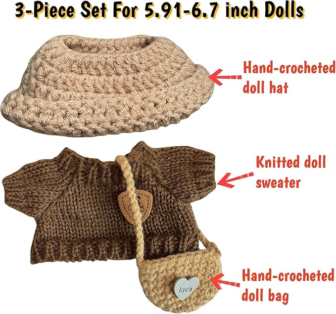 Clothes for Labubu(NO Doll),Handcrafted Crochet Set for Labubu Clothes 15cm/17cm Doll,Premium Outfit with Accessories,Cute Clothes for Dress up Unique Style(Brown Sweater)