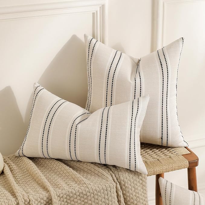Hckot Throw Pillow Covers 16x16 Set of 2 Striped Pillow Covers Textured Linen Decorative Pillows Square Cushion Covers for Sofa Couch Bed Living Room Farmhouse Decor, Black