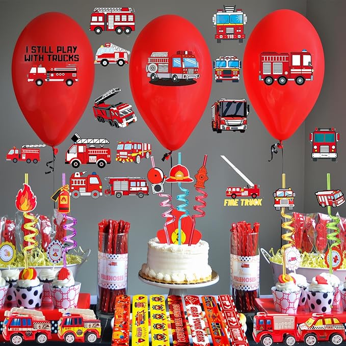 Fire Truck Party Favors Set - 110 Pcs with Firefighter Stickers, Slap Bracelets, Drinking Straws & More for Firefighter Themed Birthday Party