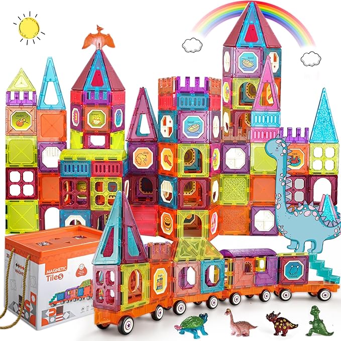 Magnetic Tiles Building Blocks with 4 Cars Magnet Train Set for Kids Construction STEM Toy Preschool Educational Creativity Learning Brithday Gift for Girls Boys Toddlers 3 4 5 6 7 8