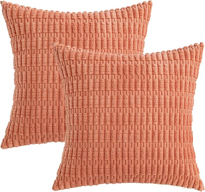 MIULEE Corduroy Decorative Throw Pillow Covers 18x18 Coral Pack of 2 | Soft Boho Striped Pillow Covers Modern Farmhouse Home Decor For Sofa Living Room Couch Bed