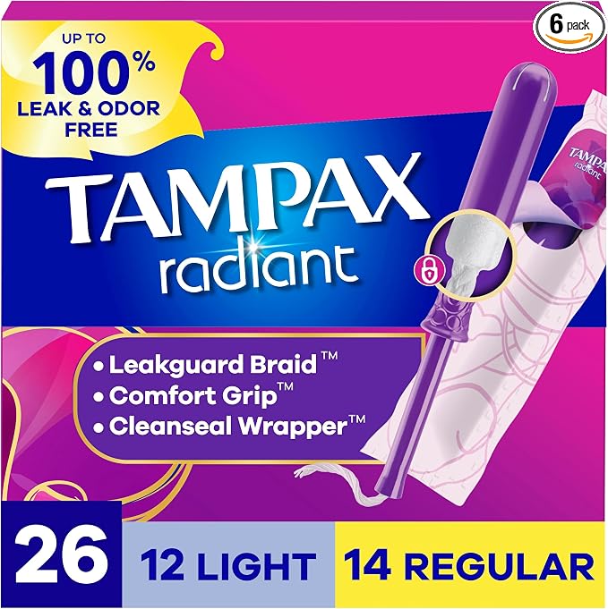 Tampax Radiant Tampons Multipack, with LeakGuard Braid, Light/Regular Absorbency, Unscented, 26 Count, Packaging May Vary (Pack of 6)