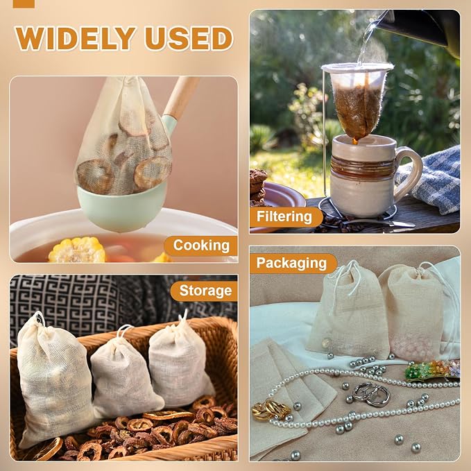 20 Pcs Muslin Bags with Drawstring, Reusable Tea Bags, Spice Bags for Cooking Soup/Herb/Loose Leaf Tea, Natural Cotton Small Cheese Cloth Bag for Straining, Sachet Bags Empty, 4 X 3 Inches