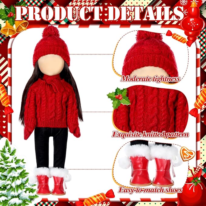 6 pcs Christmas 18 Inch Doll Clothes and Accessories Winter Outfits Set with Sweaters Trousers Hats Shoes Gloves Scarfs for 18 Inch Doll (Red)