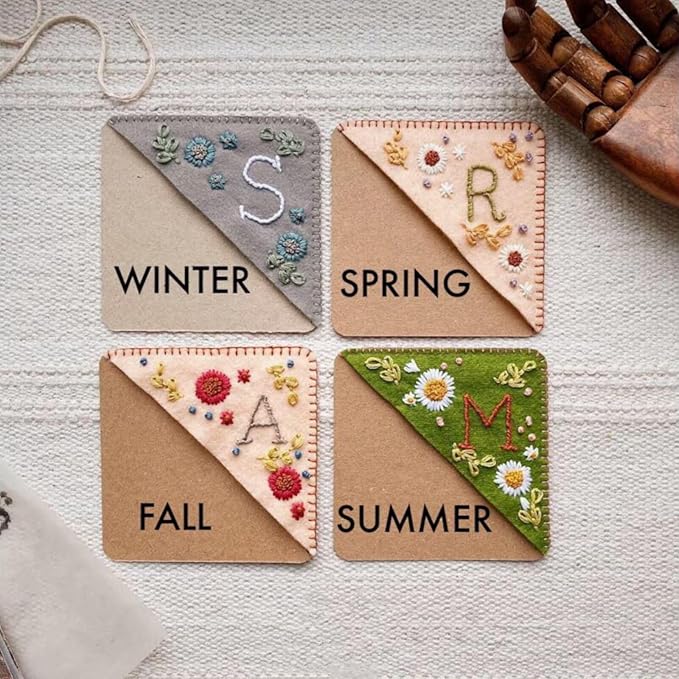 MOTEERLLU Personalized Hand Embroidered Corner Bookmark,Felt Triangle Page Stitched Handmade Bookmark,Unique Cute Flower Letter Embroidery Bookmarks Accessories for Book Lovers(Spring-b)