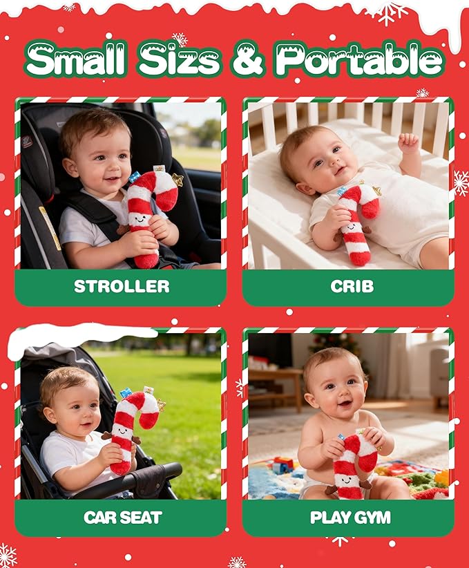 Jollybaby My Baby First Christmas Toys Candy Cane Squeaker for 0-6-12-18 Months, Car Seat Stroller Crib Toy, Christmas Stocking/Socks Stuffers Gifts for Tummy Time Infants/Newborns Boy and Girl