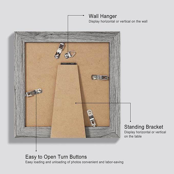 Hongkee 6x6 Picture Frame Set of 4, Made of Glass and Grey Wooden Frame - Display Picture 4x4 with Mat or 6 x 6 Without Mat, 6x6 Photo for Wall or Tabletop