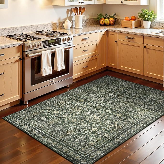 3x5 Area Rugs for Entryway, Green Washable Non-Slip Area Rug for Kitchen | Low Pile Soft Small Rugs, Vintage-Style Carpet for Bathroom Bedroom Tool Room, Stain Resistant Foldable Distressed Rug