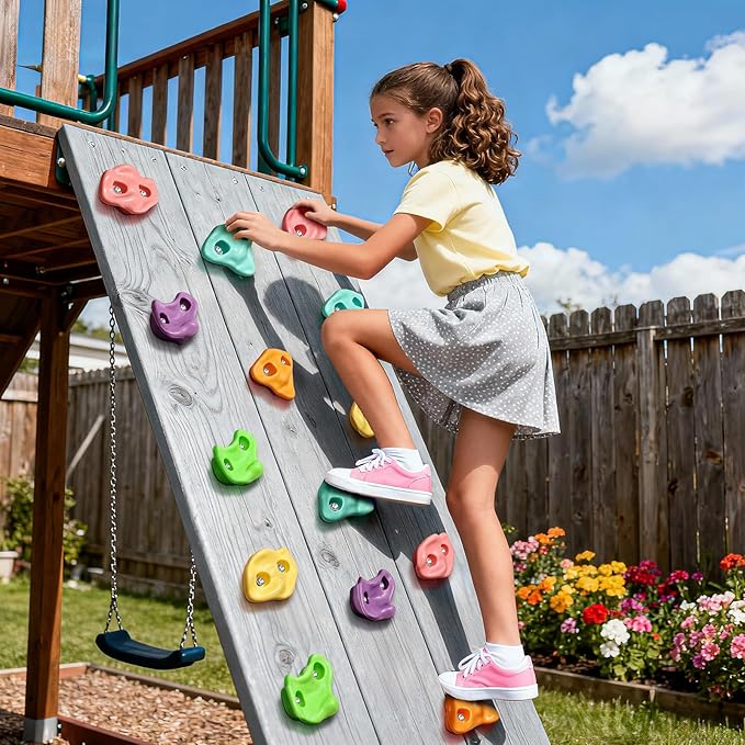 TOPNEW 18PCS Climbing Holds for Kids, Rock Wall Climbing Kit with Hardware for Indoor and Outdoor Climbing Wall, Soft Color