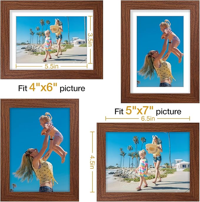 Vittanly 5x7 Picture Frames Set of 9, Wall & Tabletop, Wood Grain Brown | Display Pictures 4x6 with Mat or 5x7 without Mat, Small Photo Frames, Engineered Wood with Shatter Resistant Plexiglass